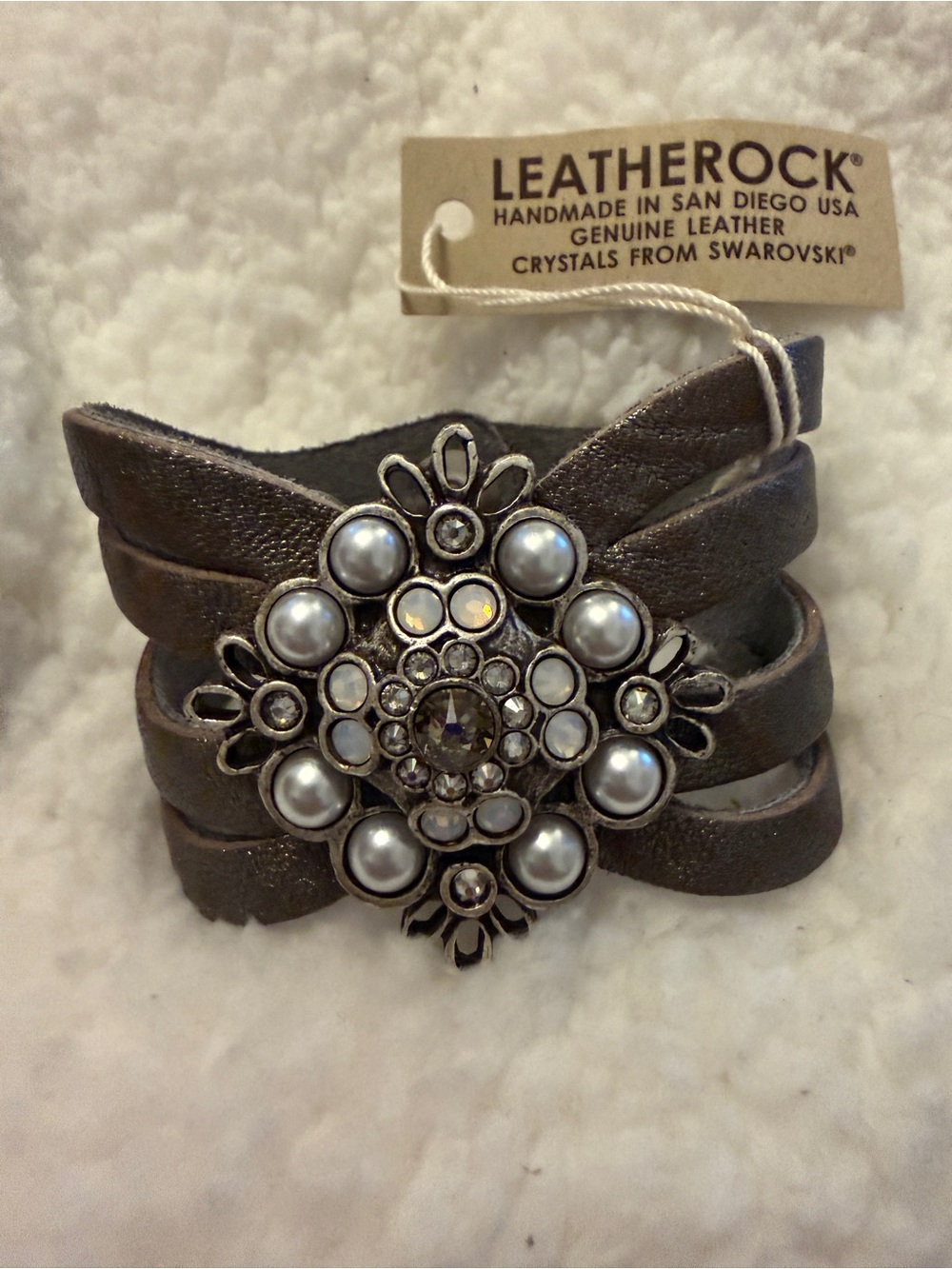Leatherock Pewter Leather Wrap Bracelet with Pearl & Crystal Medallion
